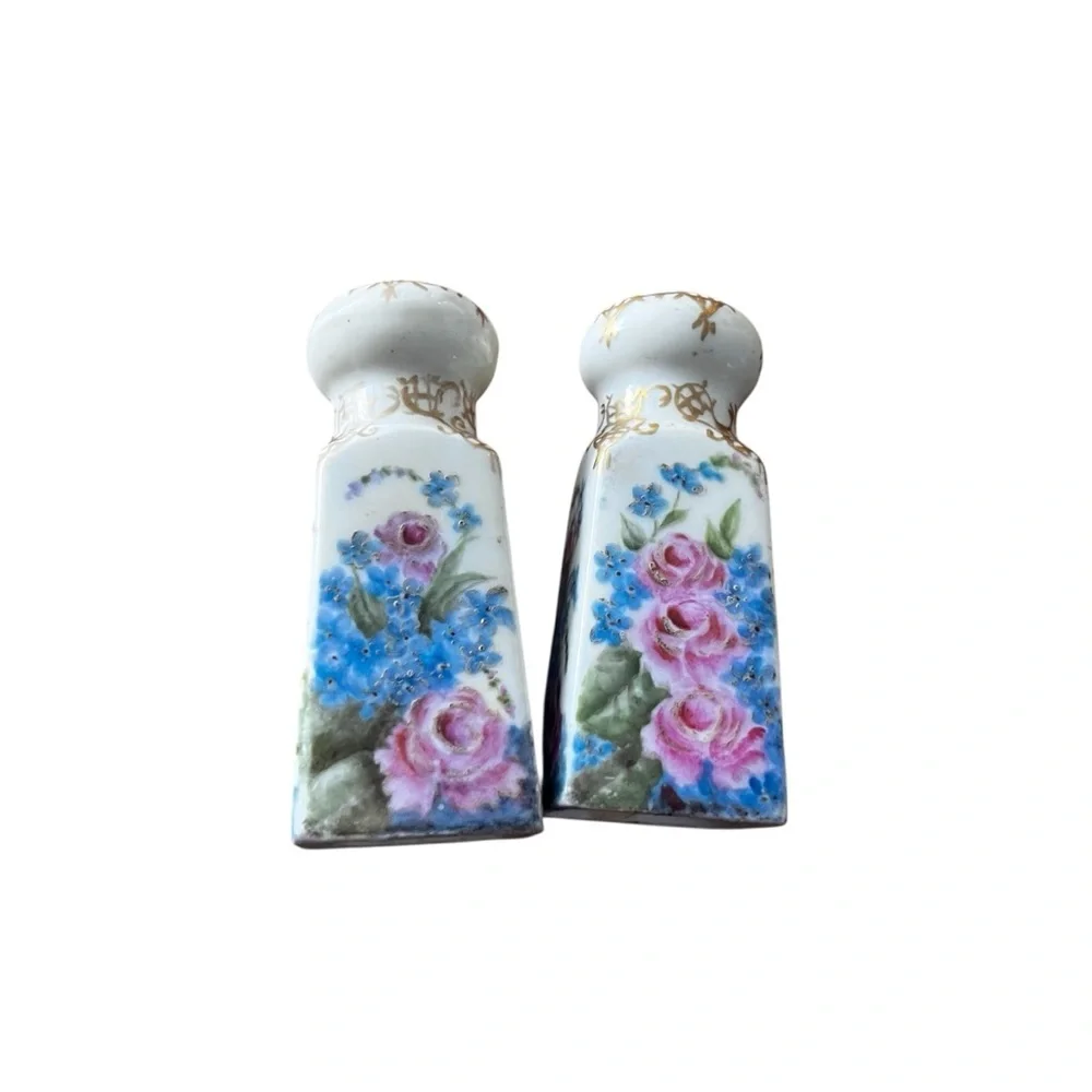 Antique Hand Painted Floral Gold Salt And Pepper Shakers